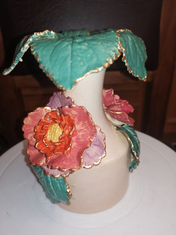 Vase roses and leaves ceramic handmade