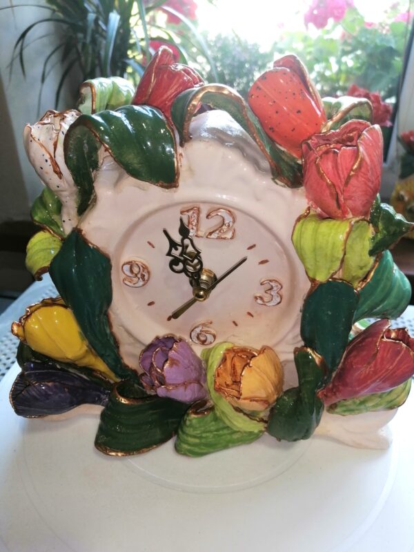 Clock Ceramic with tulips handmade
