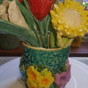 Vase small round with flowers ceramic handmade