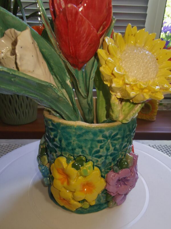 Vase small round with flowers ceramic handmade