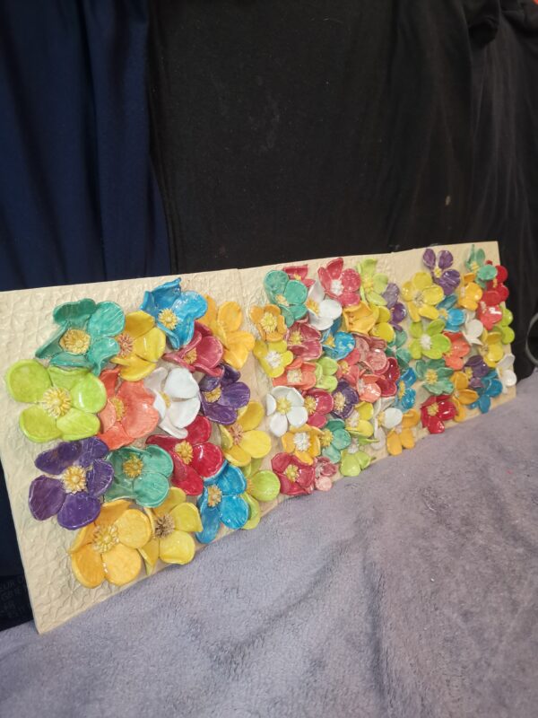 Ceramics 3 panels  3D sculptural daisies wildflowers handmade