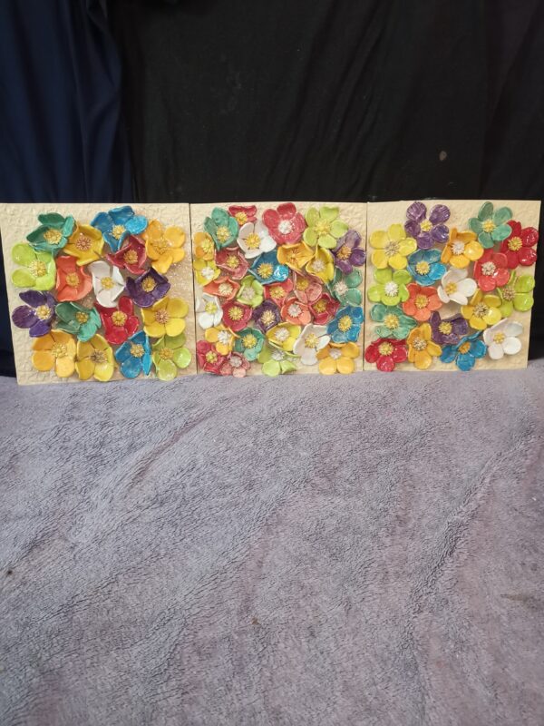Ceramics 3 panels  3D sculptural daisies wildflowers handmade - Image 3