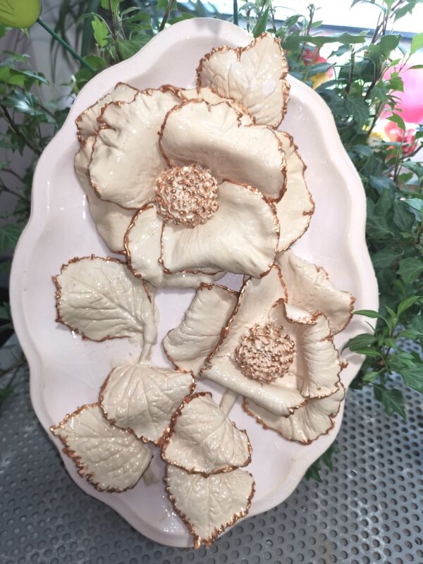 Ceramic oval plate 3D sculptural  biege flowers, bohemia flowers handmade