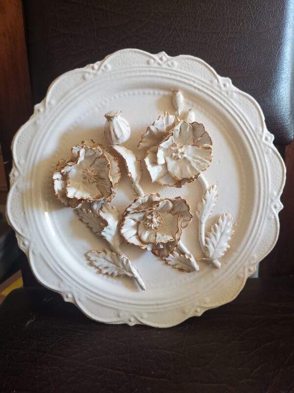 Ceramic round plate 3D sculptural  biege flowers handmade