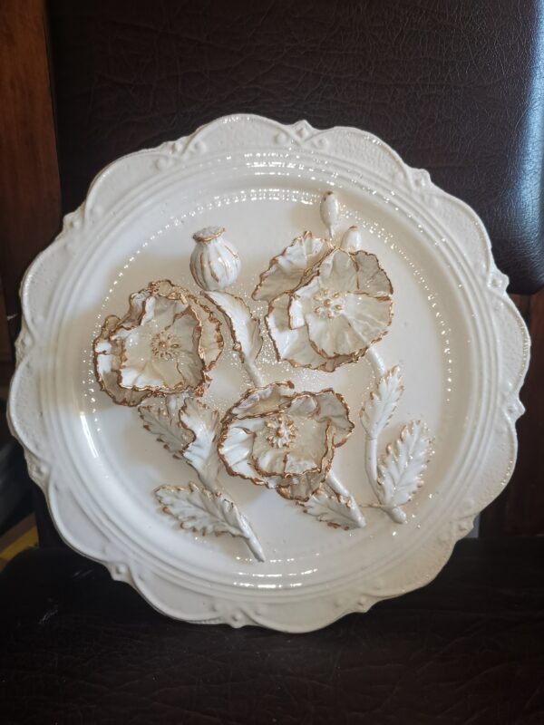 Ceramic round plate 3D sculptural  biege flowers handmade - Image 2
