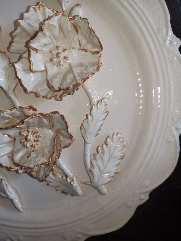 Ceramic round plate 3D sculptural  biege flowers handmade - Image 4