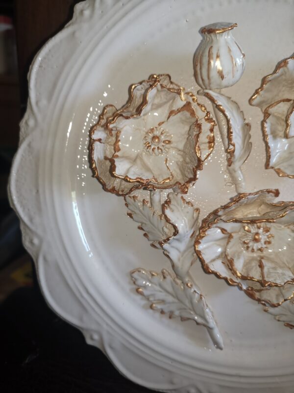 Ceramic round plate 3D sculptural  biege flowers handmade - Image 5