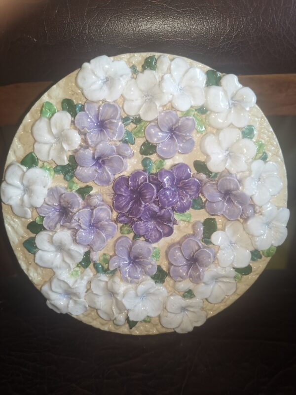 Ceramic plate lilac flowers sculptural , Bohemia, handmade.