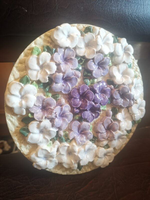 Ceramic plate lilac flowers sculptural , Bohemia, handmade. - Image 2