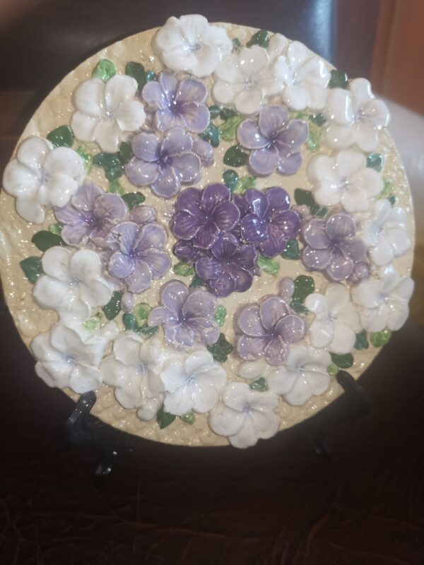 Ceramic plate lilac flowers sculptural , Bohemia, handmade. - Image 8