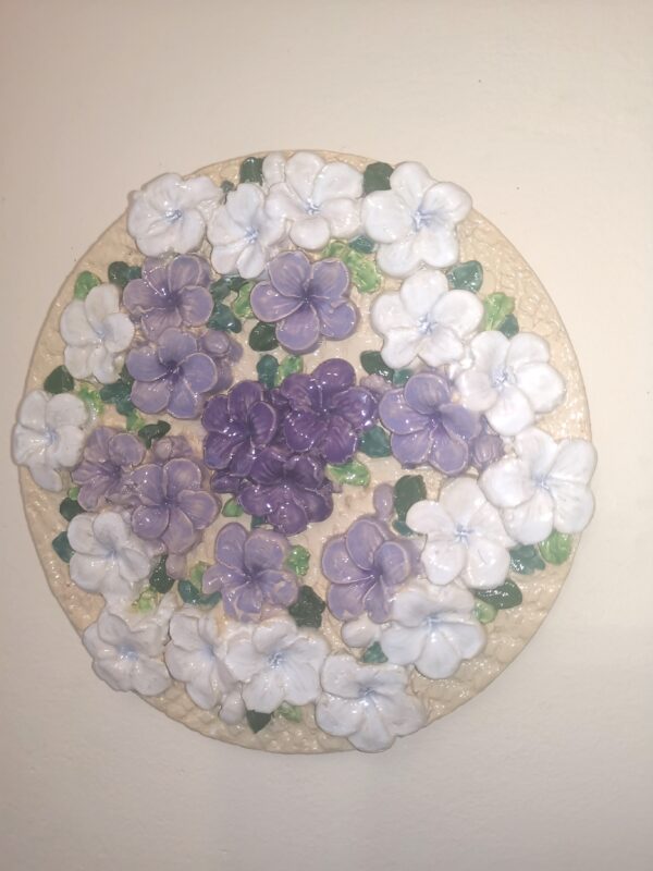Ceramic plate lilac flowers sculptural , Bohemia, handmade. - Image 9