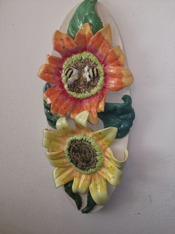 Ceramic panel sunflowers sculptural  handmade.